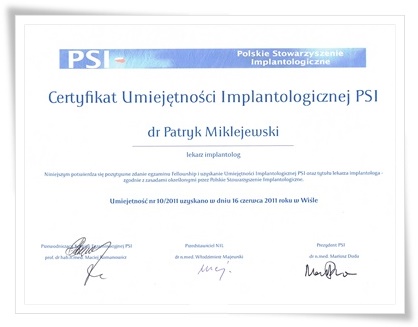 Certyfikat Umiejętności Implantologicznej PSI